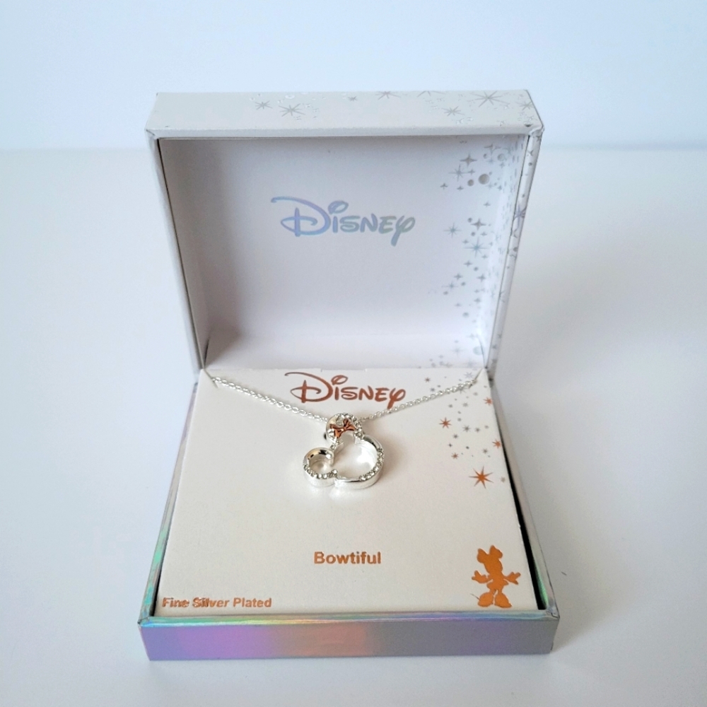 Disney's Minnie Mouse Head w/Bow Two Tone Crystal Pendant Necklace Silver NWT